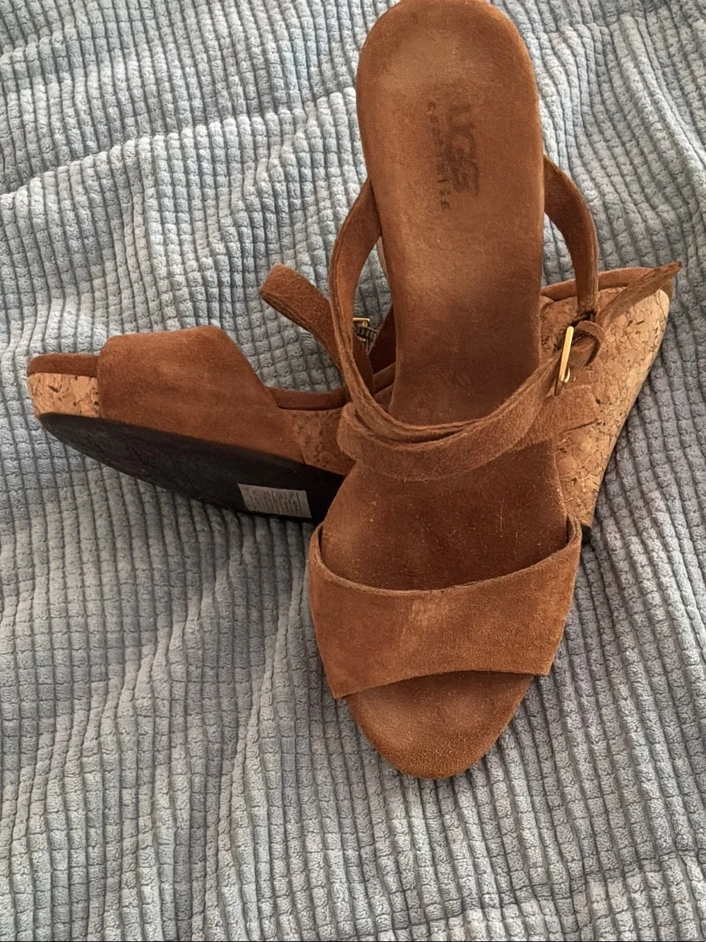 UGG Women’s Brown Suede Cork Wedge Sandals with Buckle